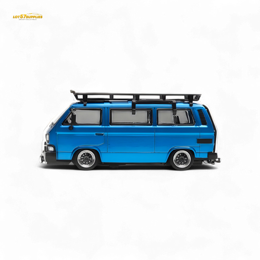 Blue Volkswagen Mortal VW T3 Lowrider diecast model in 1:64 scale by Lot57Supplies Diecast Shop, showing detailed exterior design.