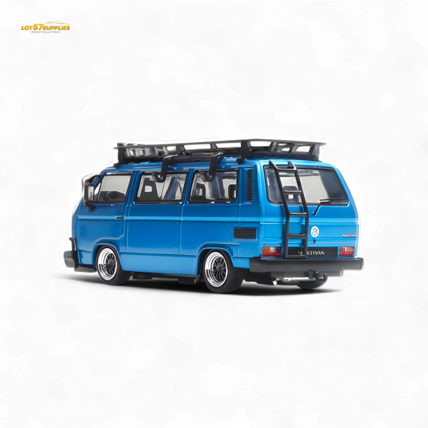 Blue Mortal VW T3 Lowrider diecast model in 1:64 scale, showcasing detailed Volkswagen design and vibrant blue color.