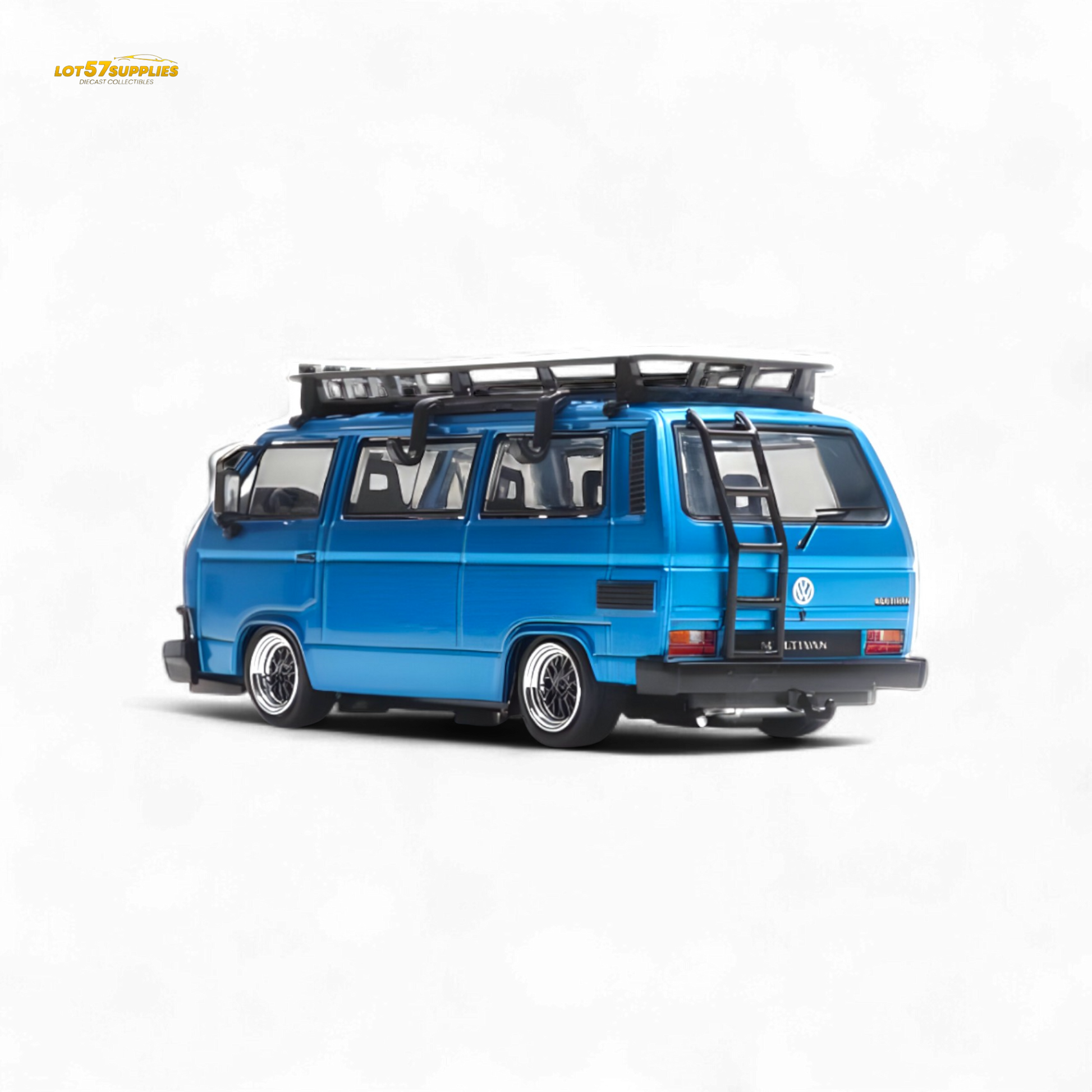 Blue Mortal VW T3 Lowrider diecast model in 1:64 scale, showcasing detailed Volkswagen design and vibrant blue color.