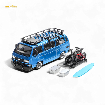 Blue Volkswagen Mortal VW T3 Lowrider diecast model in 1:64 scale, featuring detailed design and vibrant color.