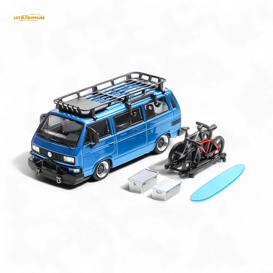Blue Volkswagen Mortal VW T3 Lowrider diecast model in 1:64 scale, featuring detailed design and vibrant color.