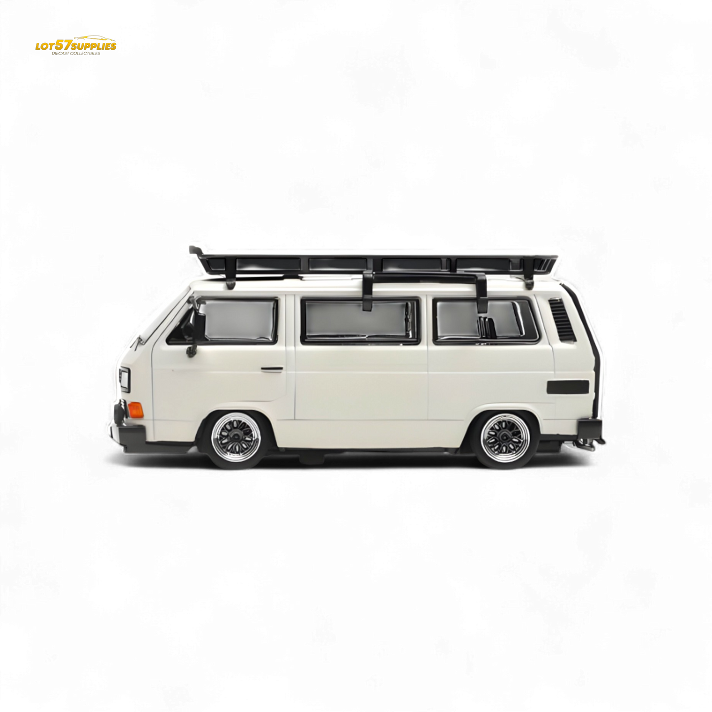 White Volkswagen T3 Lowrider diecast model in 1:64 scale, detailed replica from Lot57Supplies Diecast Shop.