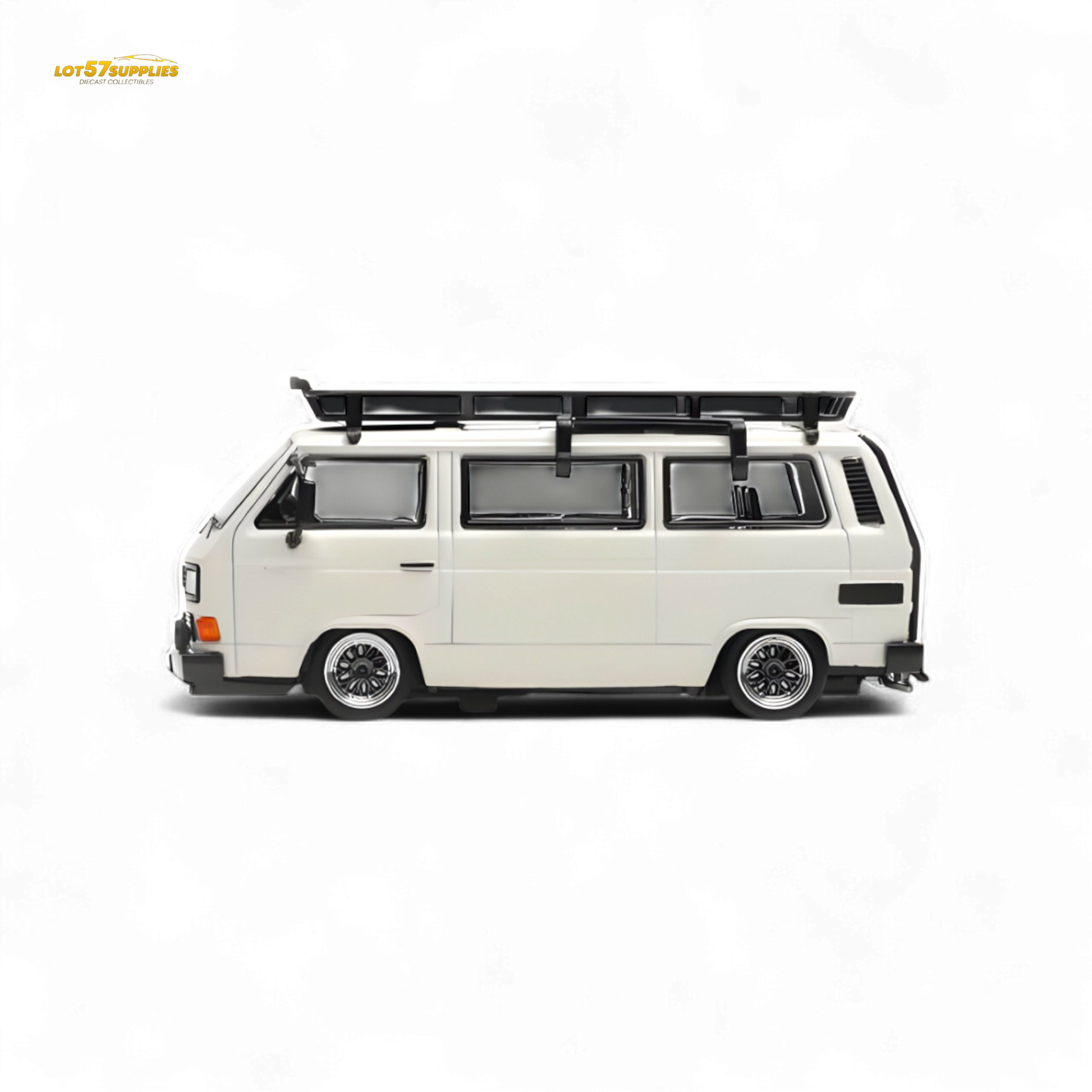 White Volkswagen T3 Lowrider diecast model in 1:64 scale, detailed replica from Lot57Supplies Diecast Shop.