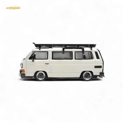 White Volkswagen T3 Lowrider diecast model in 1:64 scale, detailed replica from Lot57Supplies Diecast Shop.