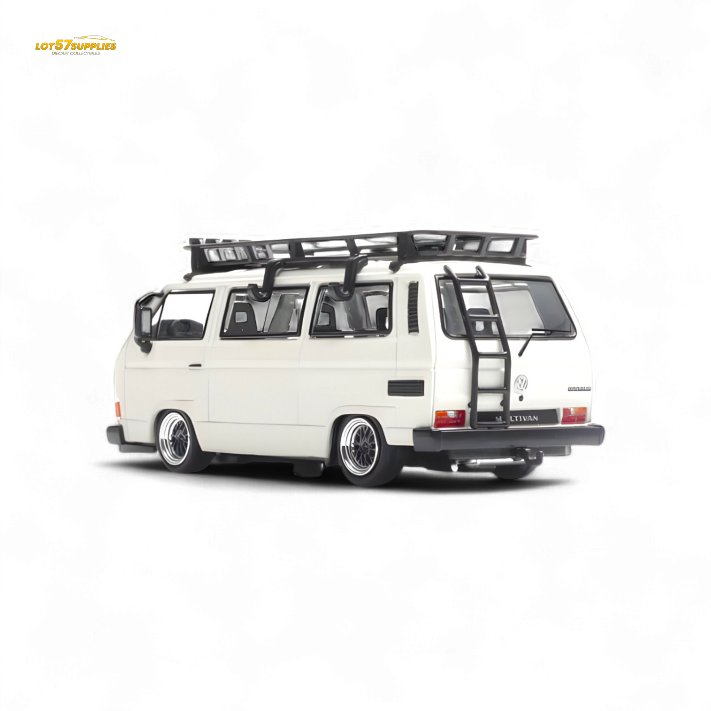 White Volkswagen T3 Lowrider diecast model in 1:64 scale by Lot57Supplies Diecast Shop, detailed view of the miniature vehicle.