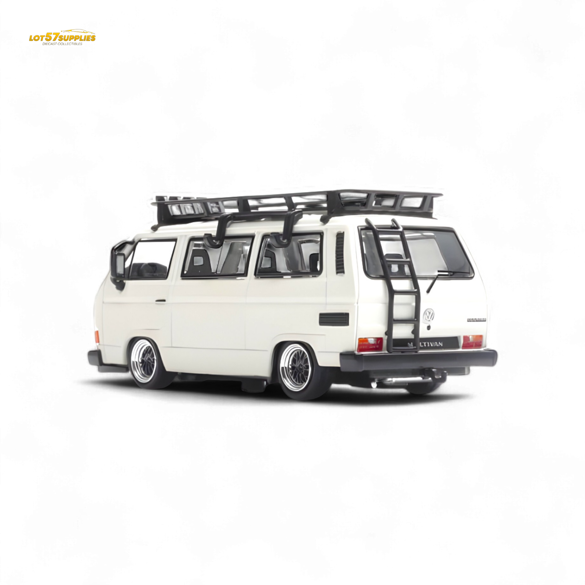White Volkswagen T3 Lowrider diecast model in 1:64 scale by Lot57Supplies Diecast Shop, detailed view of the miniature vehicle.