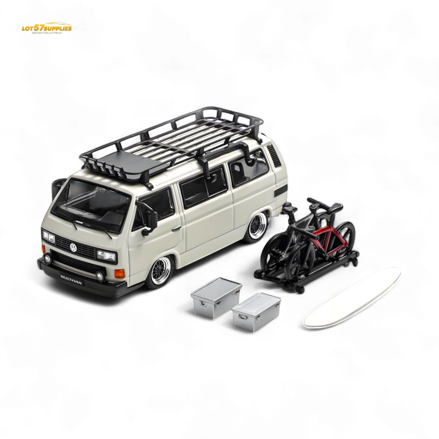 White Mortal VW T3 Lowrider diecast model in 1:64 scale by Lot57Supplies Diecast Shop, showing detailed exterior and compact size.