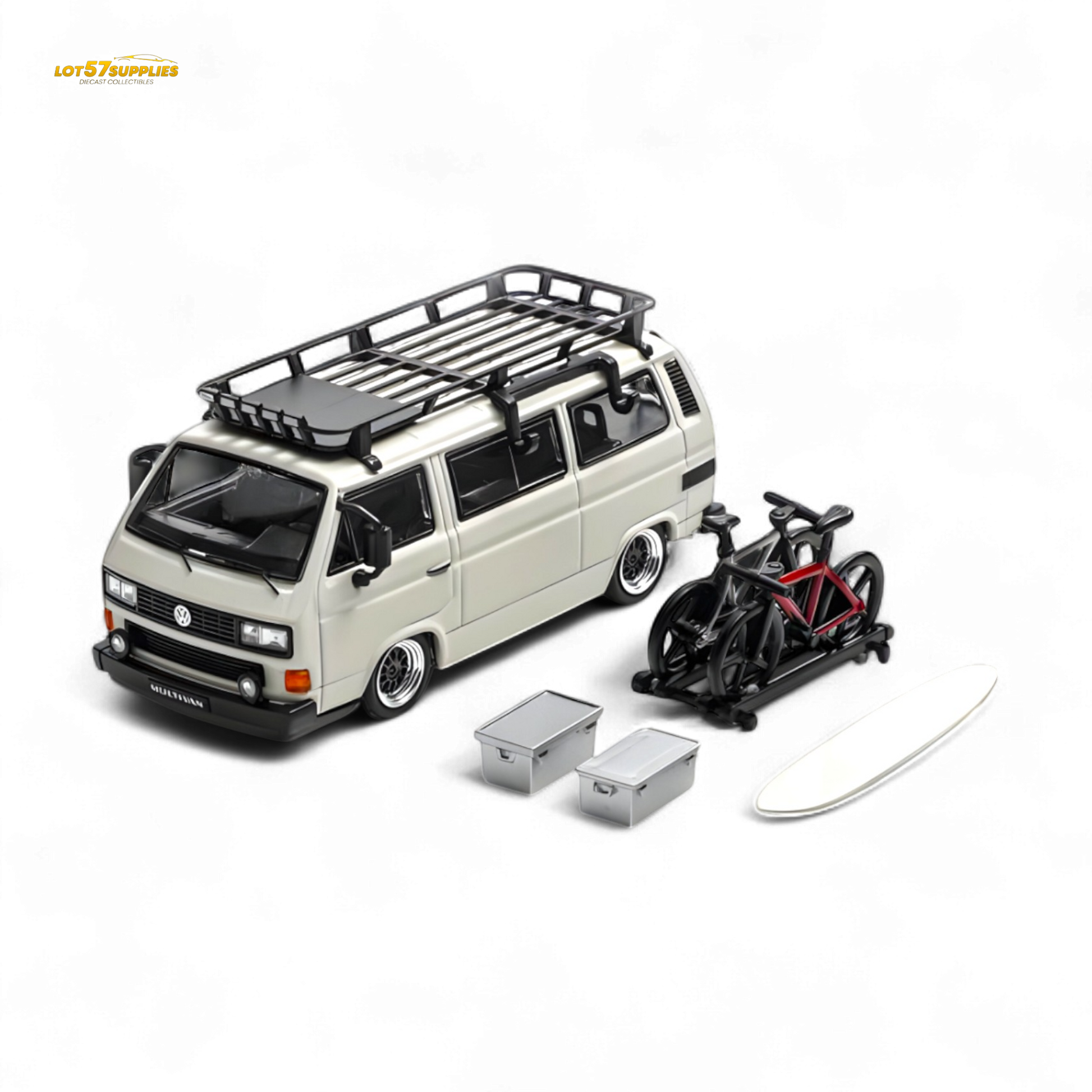 White Mortal VW T3 Lowrider diecast model in 1:64 scale by Lot57Supplies Diecast Shop, showing detailed exterior and compact size.