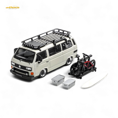 White Mortal VW T3 Lowrider diecast model in 1:64 scale by Lot57Supplies Diecast Shop, showing detailed exterior and compact size.