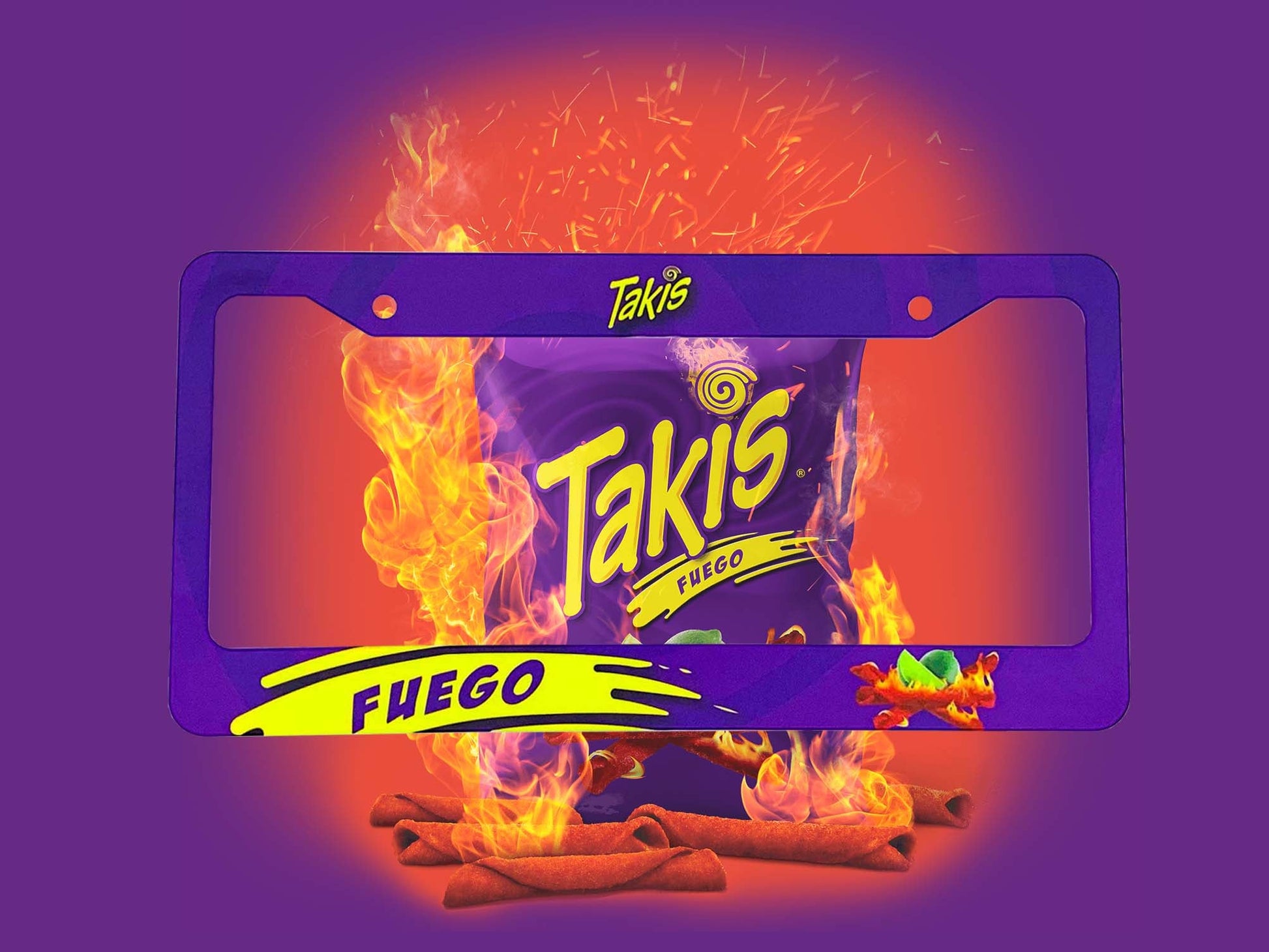 Takis License Plate Frame by Bad Taste Worldwide, featuring bold Takis branding and a durable metal construction for vehicle decoration.