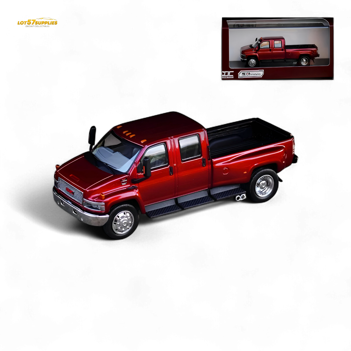 Metallic red GMC Top Kick pick-up truck diecast model by Lot57Supplies in 1:64 scale, detailed view from top angle.