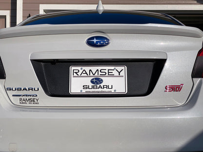 Black 3D Carbon License Plate Panel Overlay for 2015-2020 Subaru WRX STI, exterior body accessory from StickerFab.