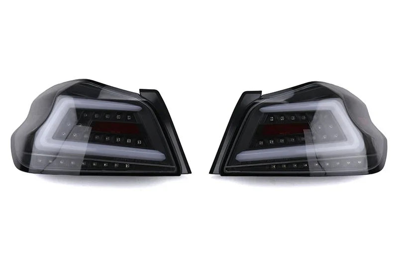 NTXGlow Spec-D LED tail lights with black housing for 2015-2021 Subaru WRX and STI, featuring bright red and clear lenses.