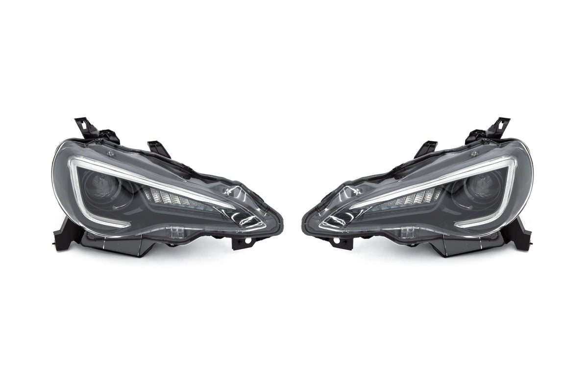 OLM Sequential Style Headlights with 6000K HID for FT86 and BRZ, shown in black housing