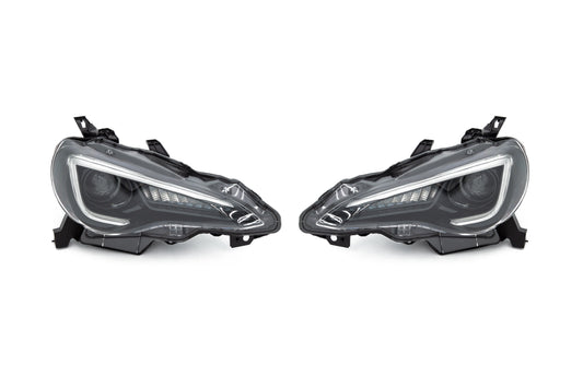 OLM Sequential Style Headlights with 6000K HID for FT86 and BRZ, shown in black housing